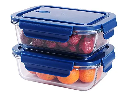 Ash & Roh® 660 ML Glass Food Storage Containers with Blue Lids, Glass Meal Prep Containers, Airtight Glass Lunch ,BPA Free & Leak Proof (3 PACK, SQUARE)