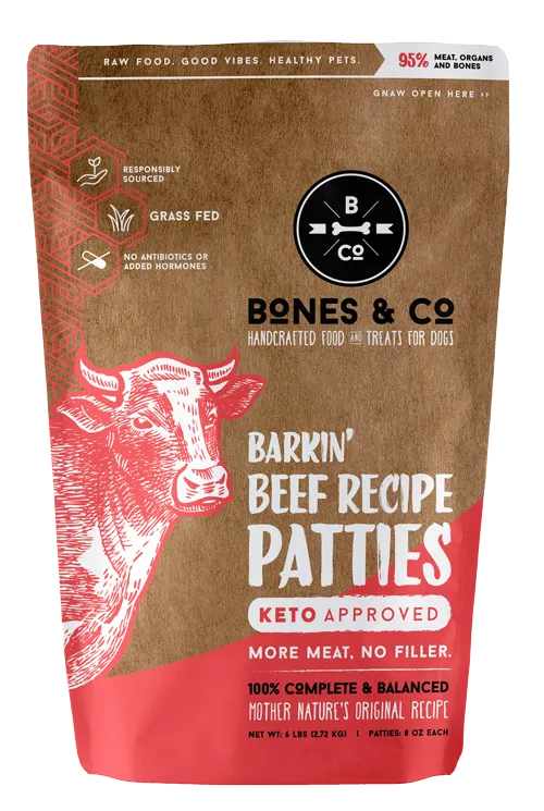 Bones & Co. Barkin' Beef Recipe Raw Frozen Patties Dog Food