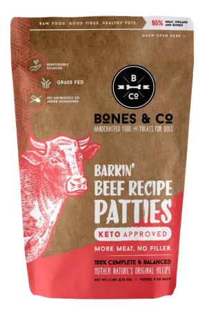 Bones & Co. Barkin' Beef Recipe Raw Frozen Patties Dog Food