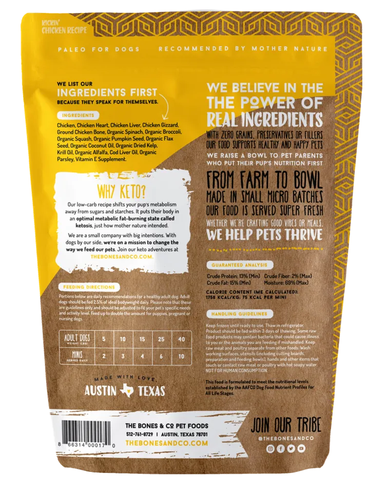 Bones & Co. Kickin' Chicken Recipe Raw Frozen Mini Patties Dog Food