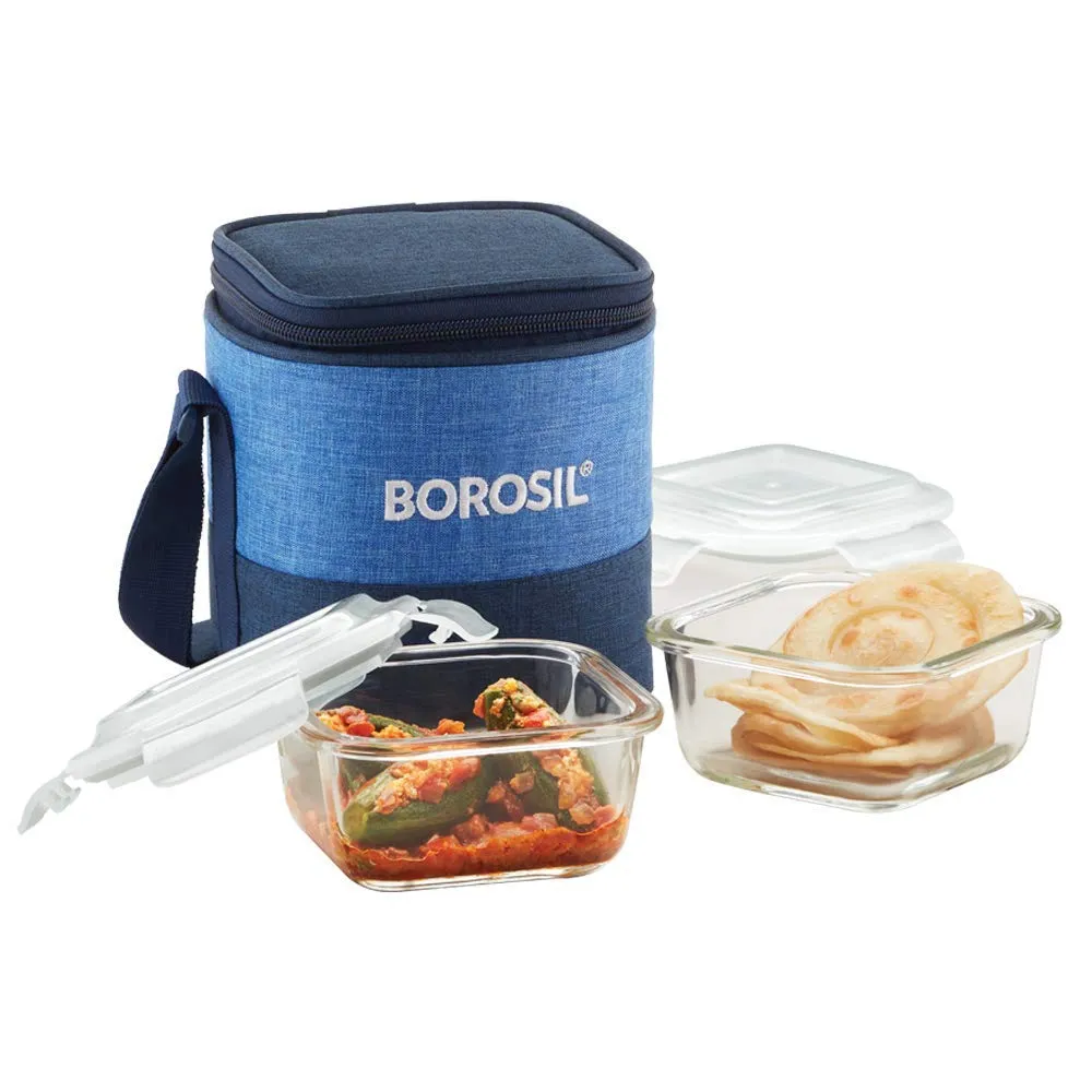 Borosil Prime Glass Lunch Box Set of 2, 320 ml, Vertical, Microwave Safe Office Tiffin & Prime Glass Lunch Box Set of 2, 400 ml, Round, Microwave Safe Office Tiffin Combo