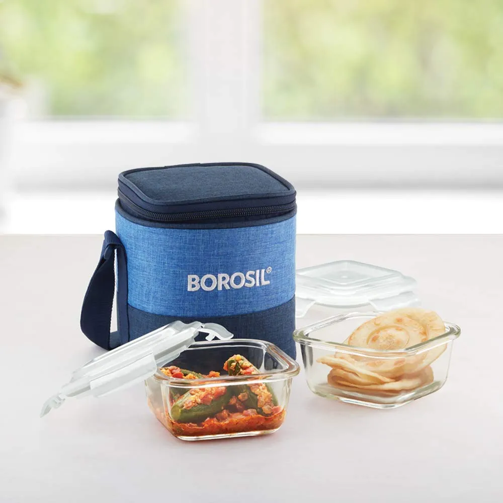 Borosil Prime Glass Lunch Box Set of 2, 320 ml, Vertical, Microwave Safe Office Tiffin & Prime Glass Lunch Box Set of 2, 400 ml, Round, Microwave Safe Office Tiffin Combo