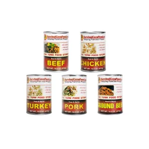 Survival Cave Mixed 12 - 14.5 oz Cans - 3 Beef, 3 Chicken, 2 Turkey, 2 Pork and 2 Ground Beef - Ready to Eat Canned Meat - Full Case